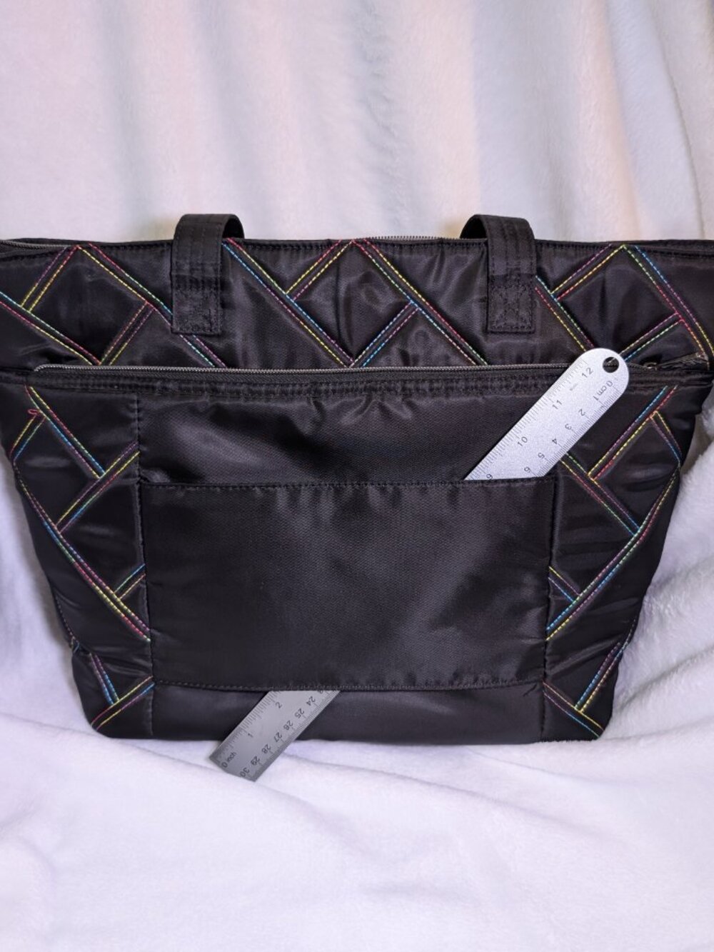 Lug Skyliner Black Quilted Tote Bag Purse with Rainbow Stitching - Picture 2 of 7